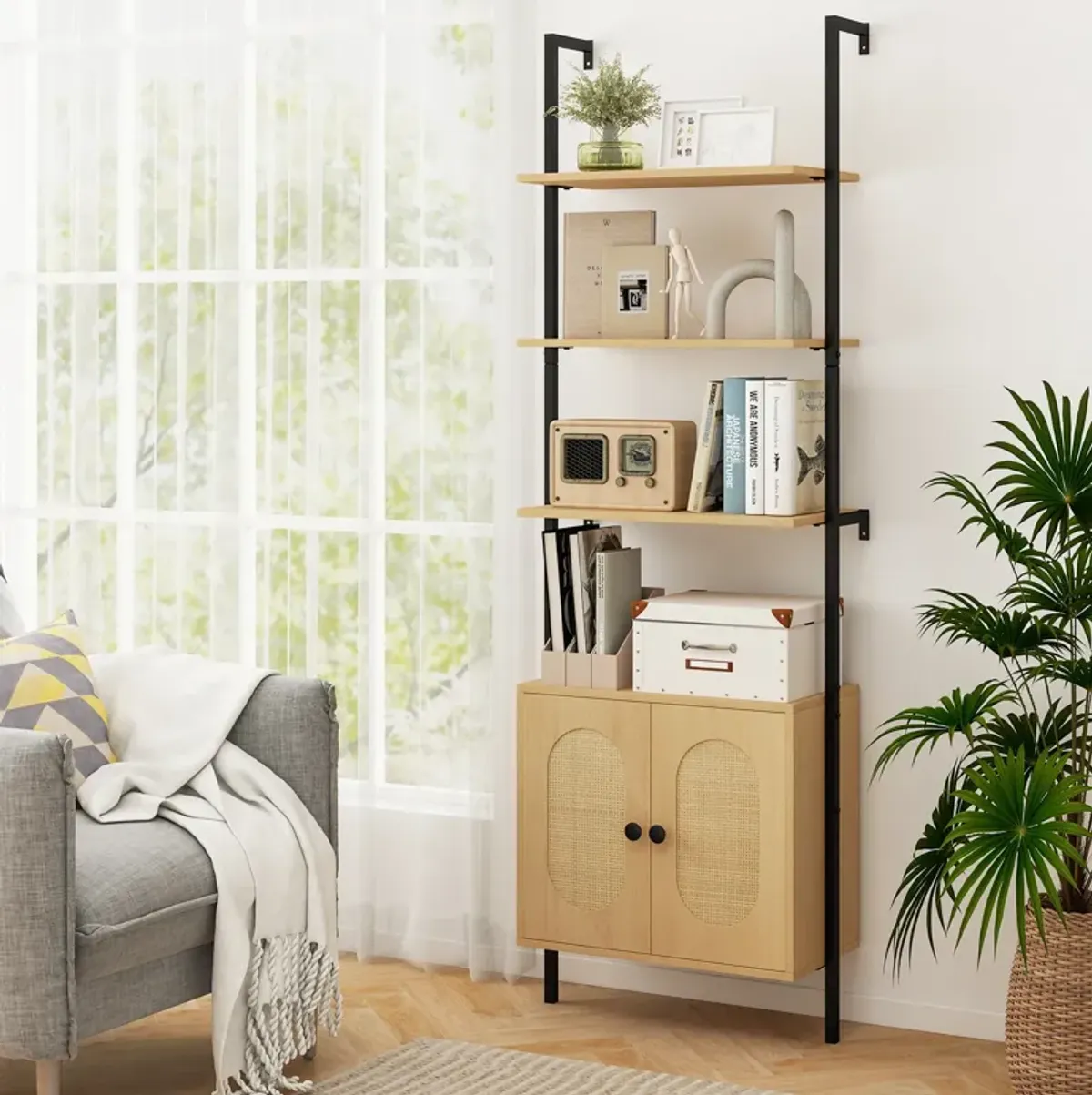 6-Tier Wall Mounted Ladder Bookshelf with Rattan Cabinet