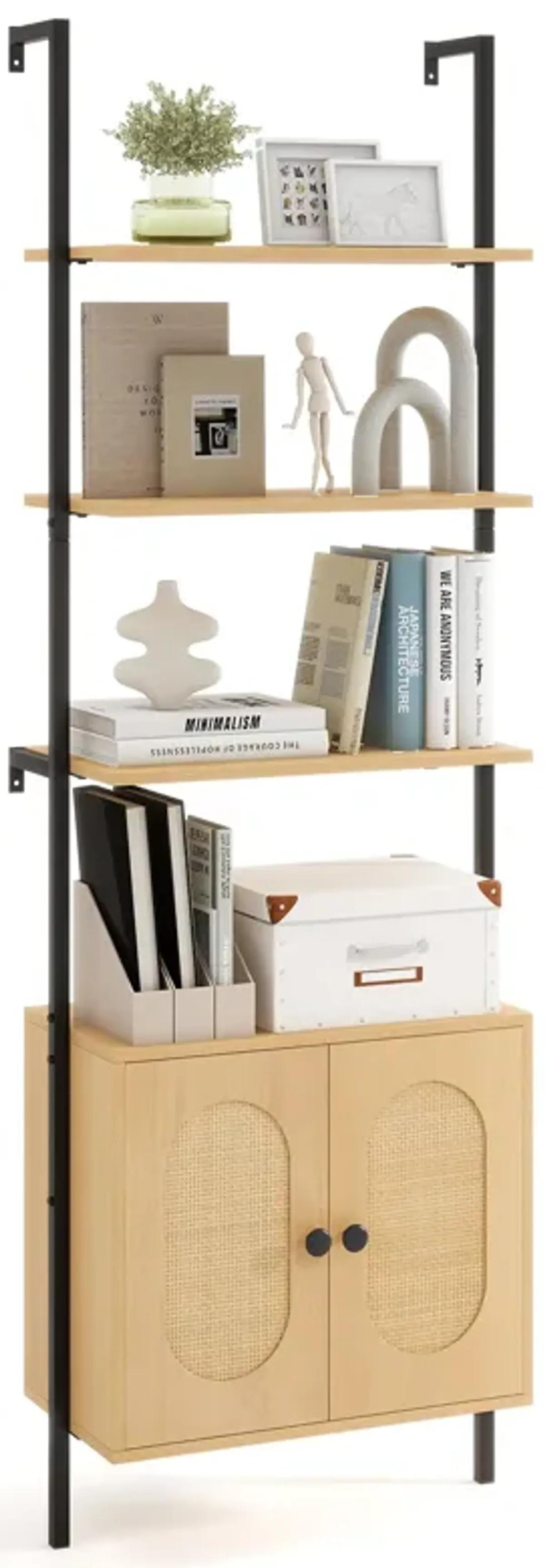 6-Tier Wall Mounted Ladder Bookshelf with Rattan Cabinet