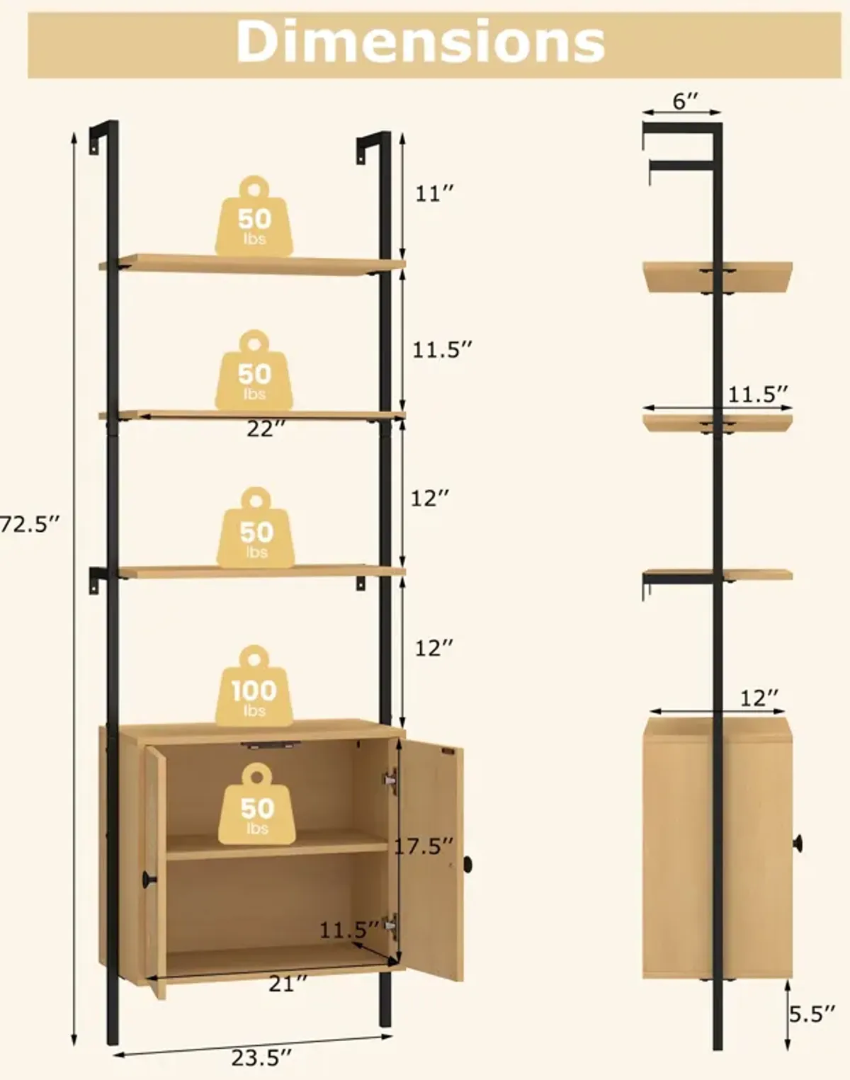 6-Tier Wall Mounted Ladder Bookshelf with Rattan Cabinet