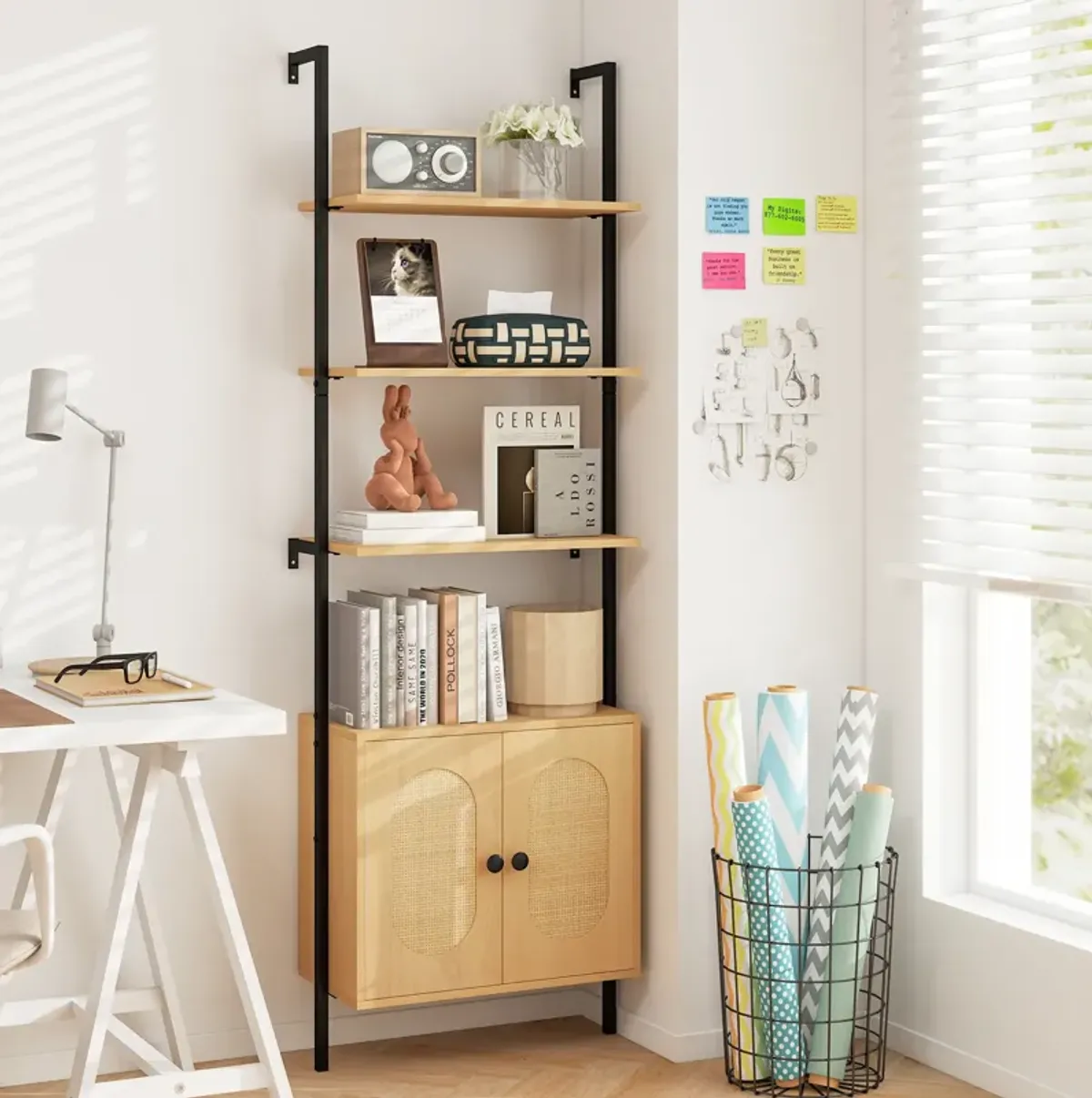 6-Tier Wall Mounted Ladder Bookshelf with Rattan Cabinet