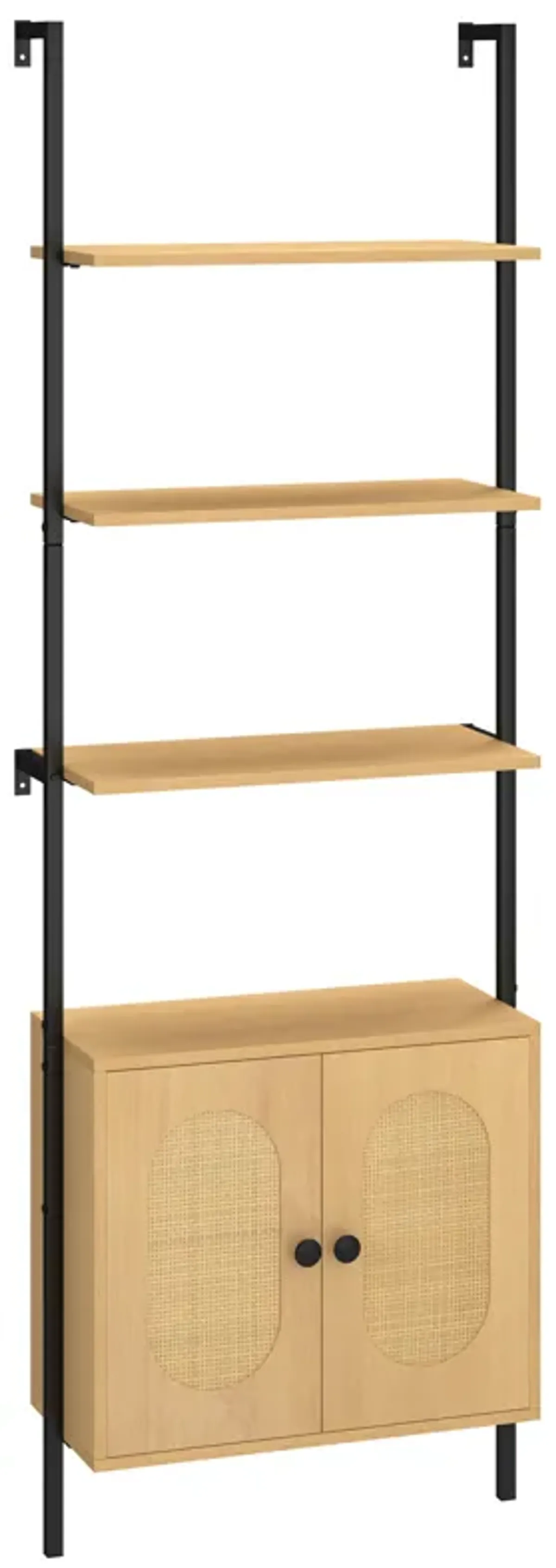 6-Tier Wall Mounted Ladder Bookshelf with Rattan Cabinet