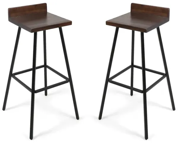 Barstool Chair Set of 2, Brown Acacia Wood, Black Angled Iron Legs -Benzara