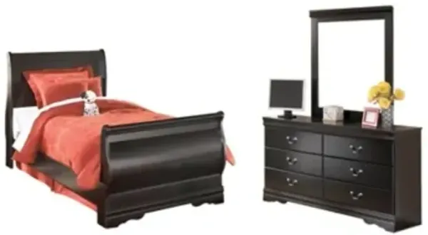 Huey Vineyard Twin Sleigh Bed with Mirrored Dresser and Nightstand