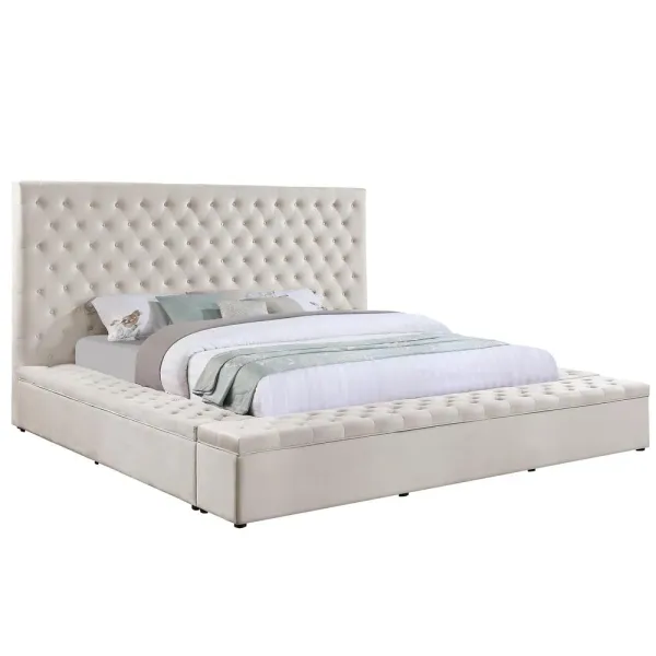 Best Master Furniture Cierra Velvet Platform King Bed with Storage in Cream