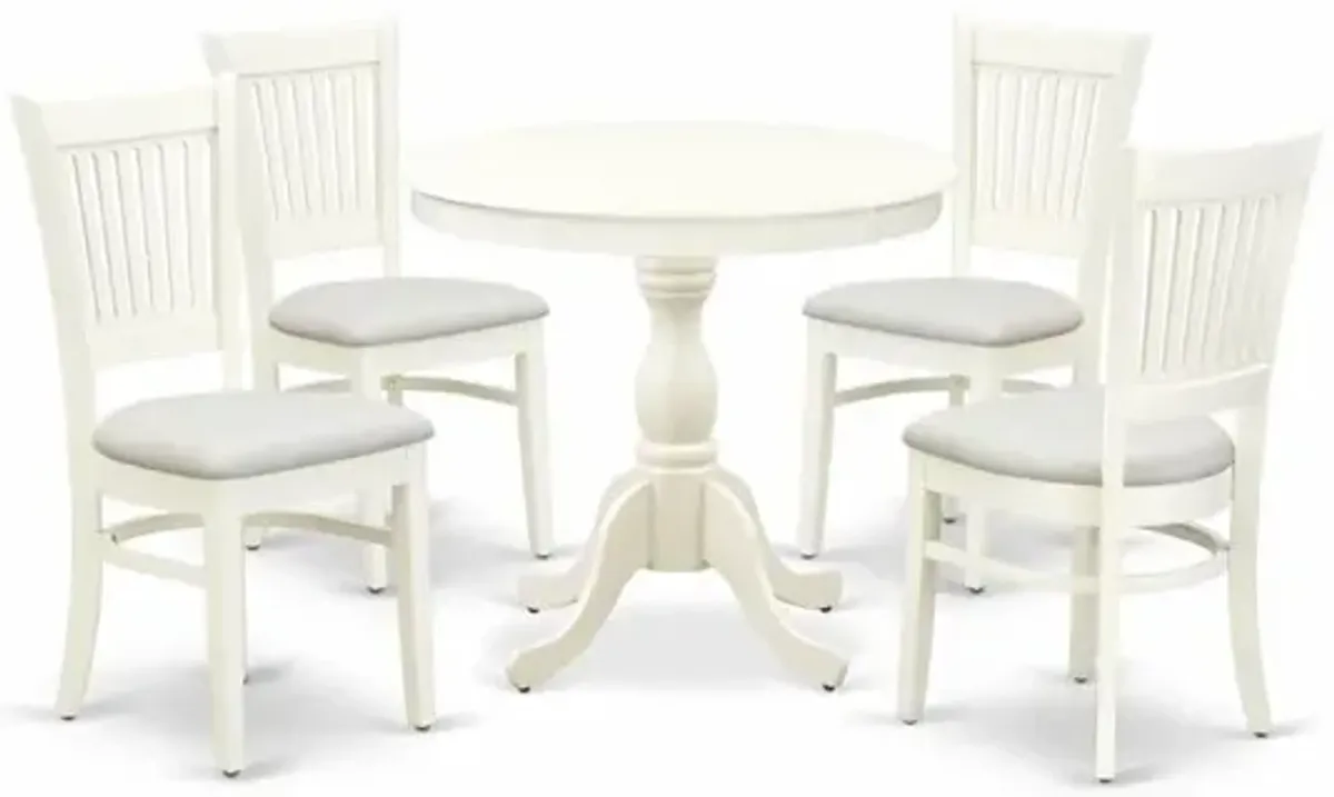 East West Furniture 5-Piece Dinette Room Set- 4 dining room chairs and Wooden Dining Table - Linen Fabric Seat and Slatted Chair Back (Linen White Finish)