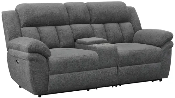 Jak 86 Inch Loveseat, Power Recliner, Padded Back, Charcoal Gray Fabric - Benzara