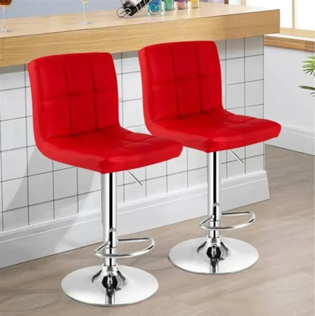 Hivvago Set of 2 Modern Adjustable Height Barstools w/ Comfortable Red PU Leather Seat