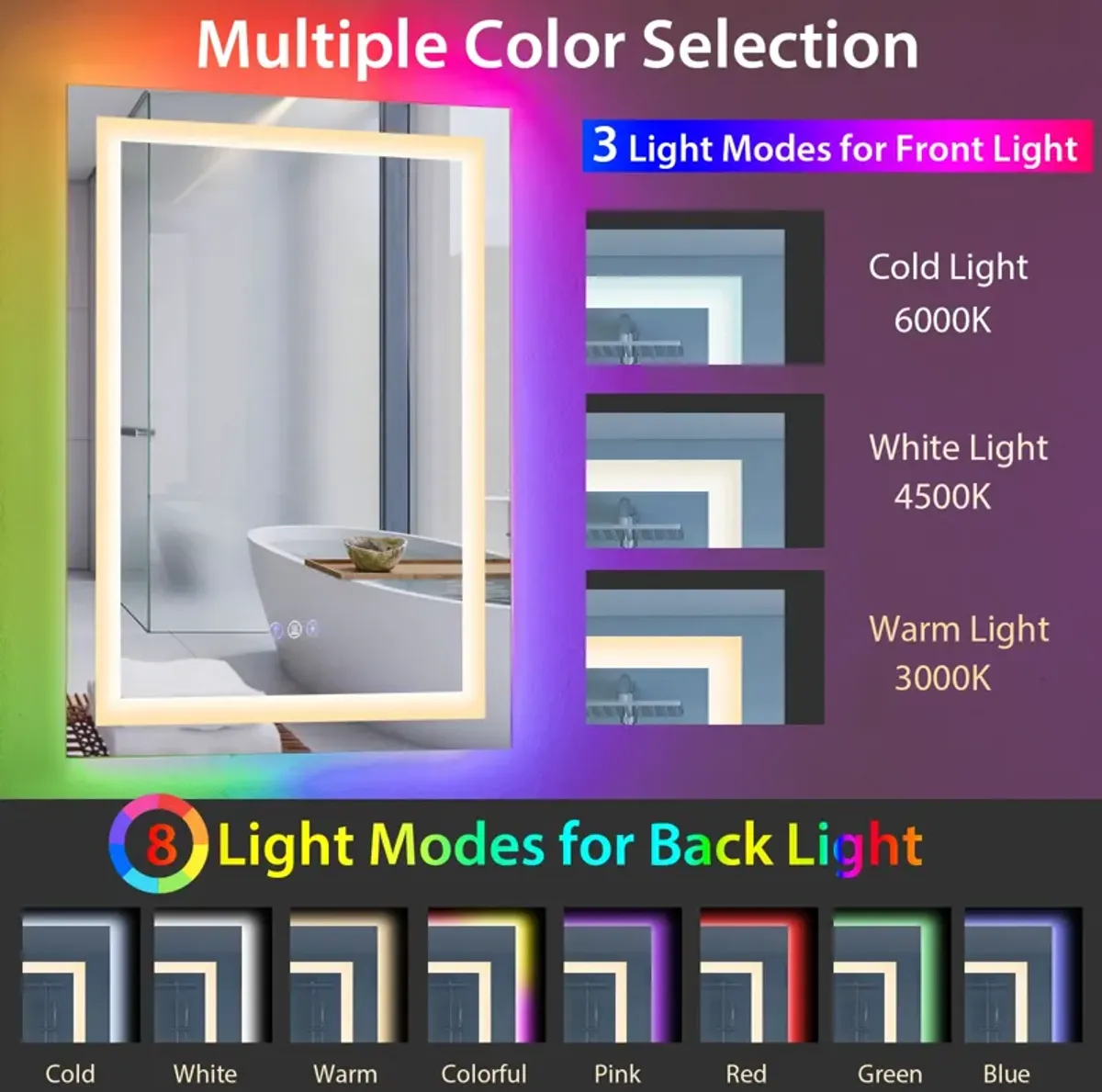 Bathroom Anti-Fog Wall Mirror with Colorful Light