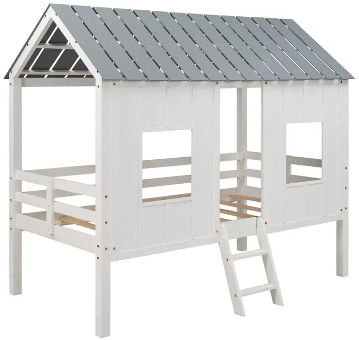 Twin Size Low Loft House Bed With Roof And Two Front Windows