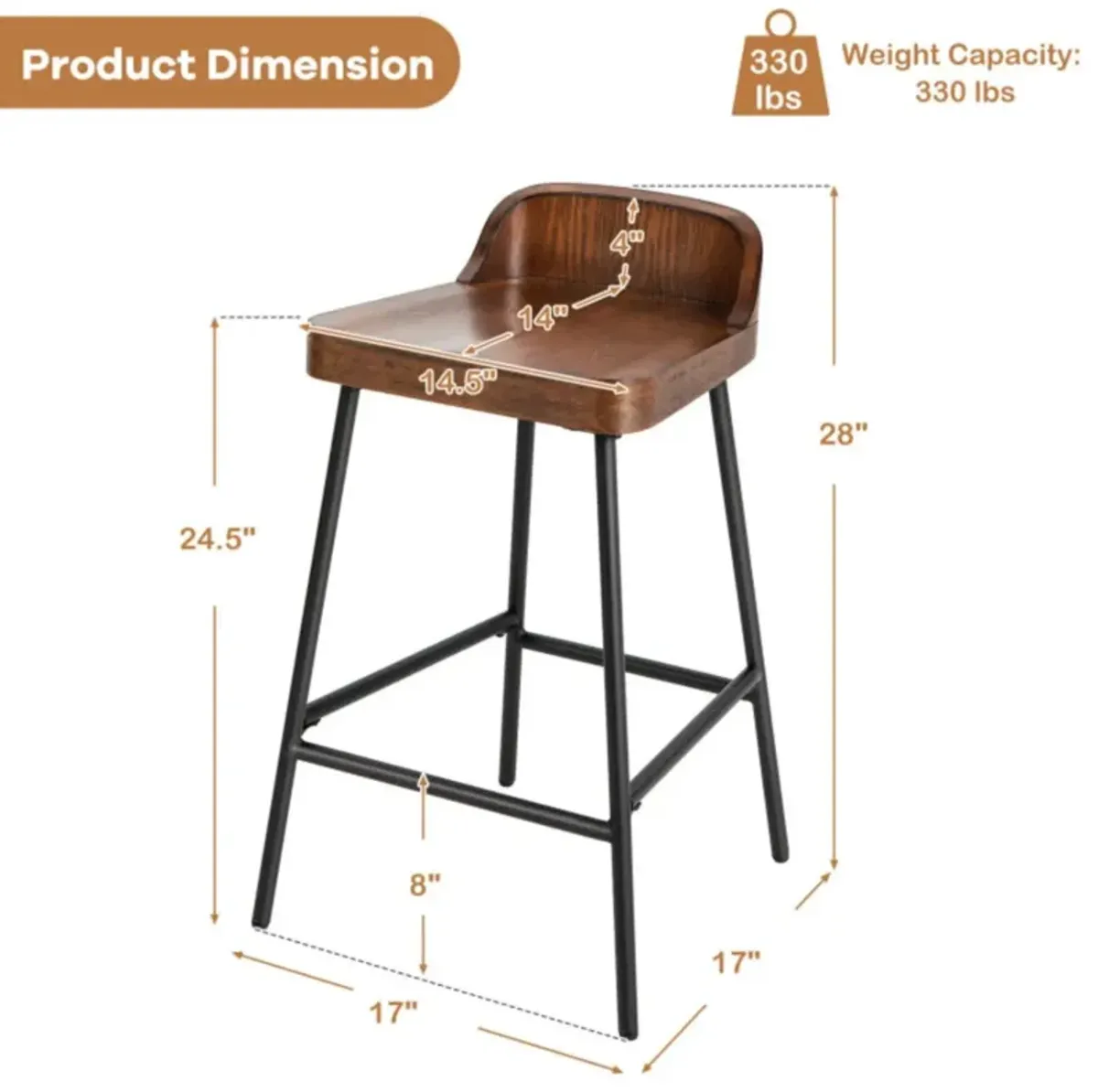 Hivvago Industrial 24.5 Inches Bar Stool with Backrest and Saddle Seat