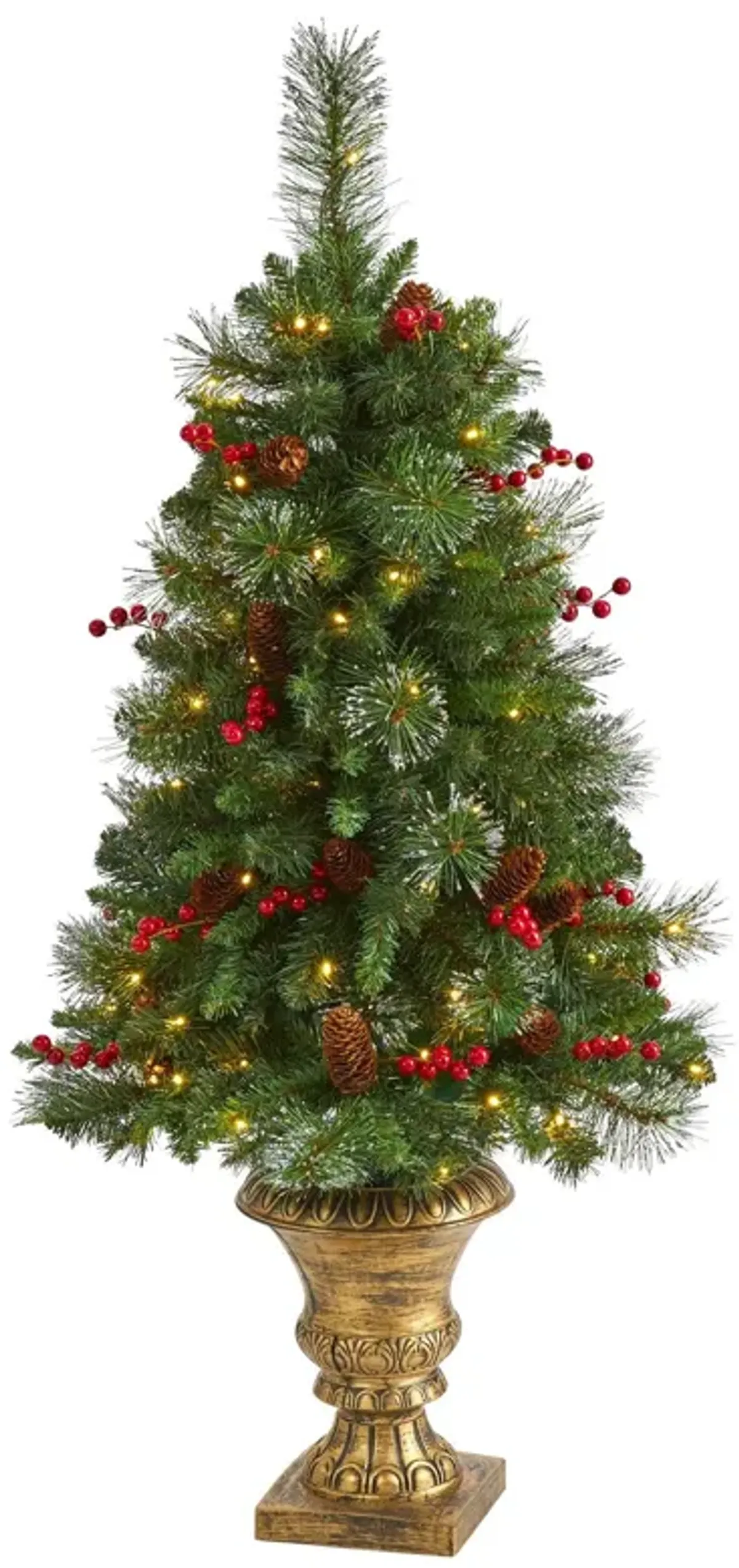 Nearly Natural 4-ft Pine, Pinecone and Berries Artificial Christmas Tree with 100 Clear LED Lights in Decorative Urn