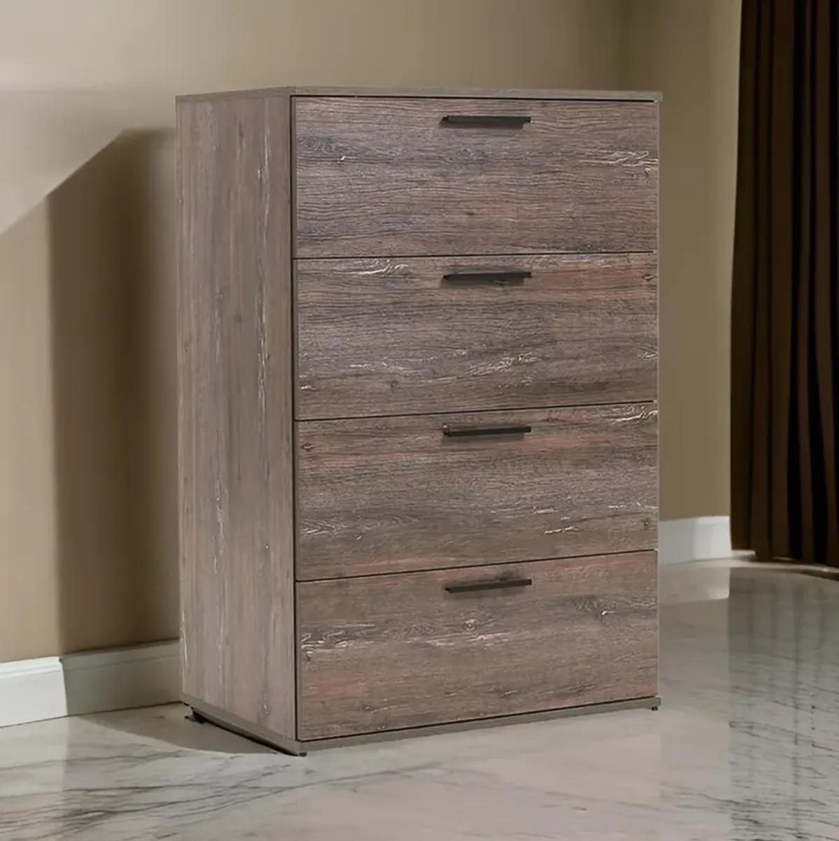 Levy Tall Dresser Chest, 4 Jumbo Drawers, Farmhouse Rustic Gray Wood Finish - Benzara