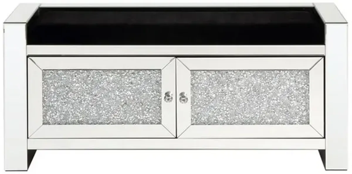 Mirrored Bench with Faux Diamonds and 2 Cabinets, Silver-Benzara