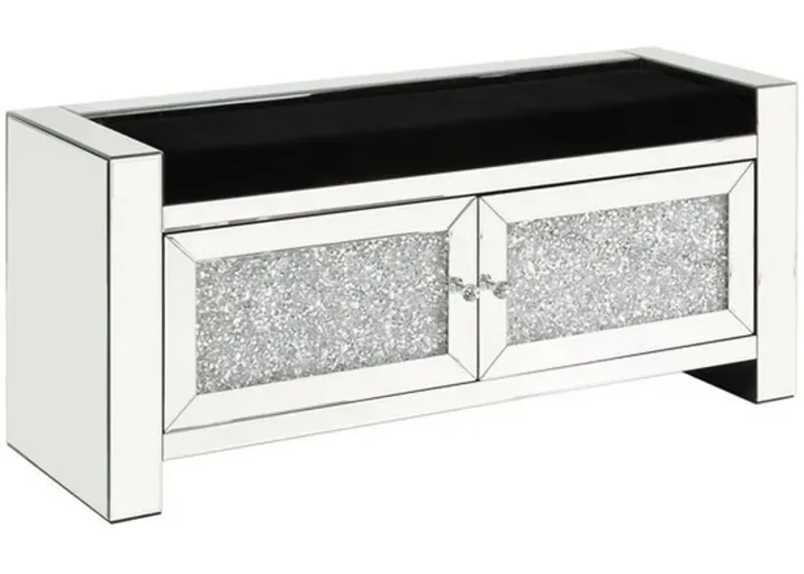 Mirrored Bench with Faux Diamonds and 2 Cabinets, Silver-Benzara