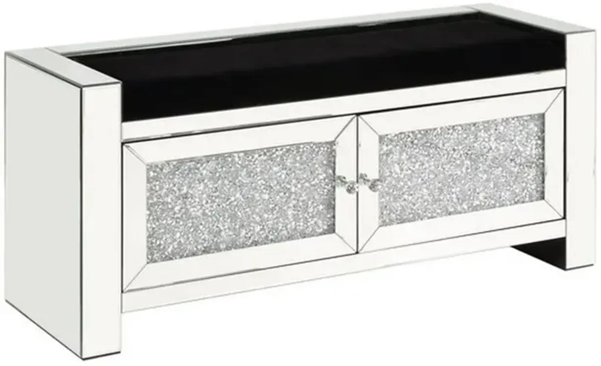 Mirrored Bench with Faux Diamonds and 2 Cabinets, Silver-Benzara