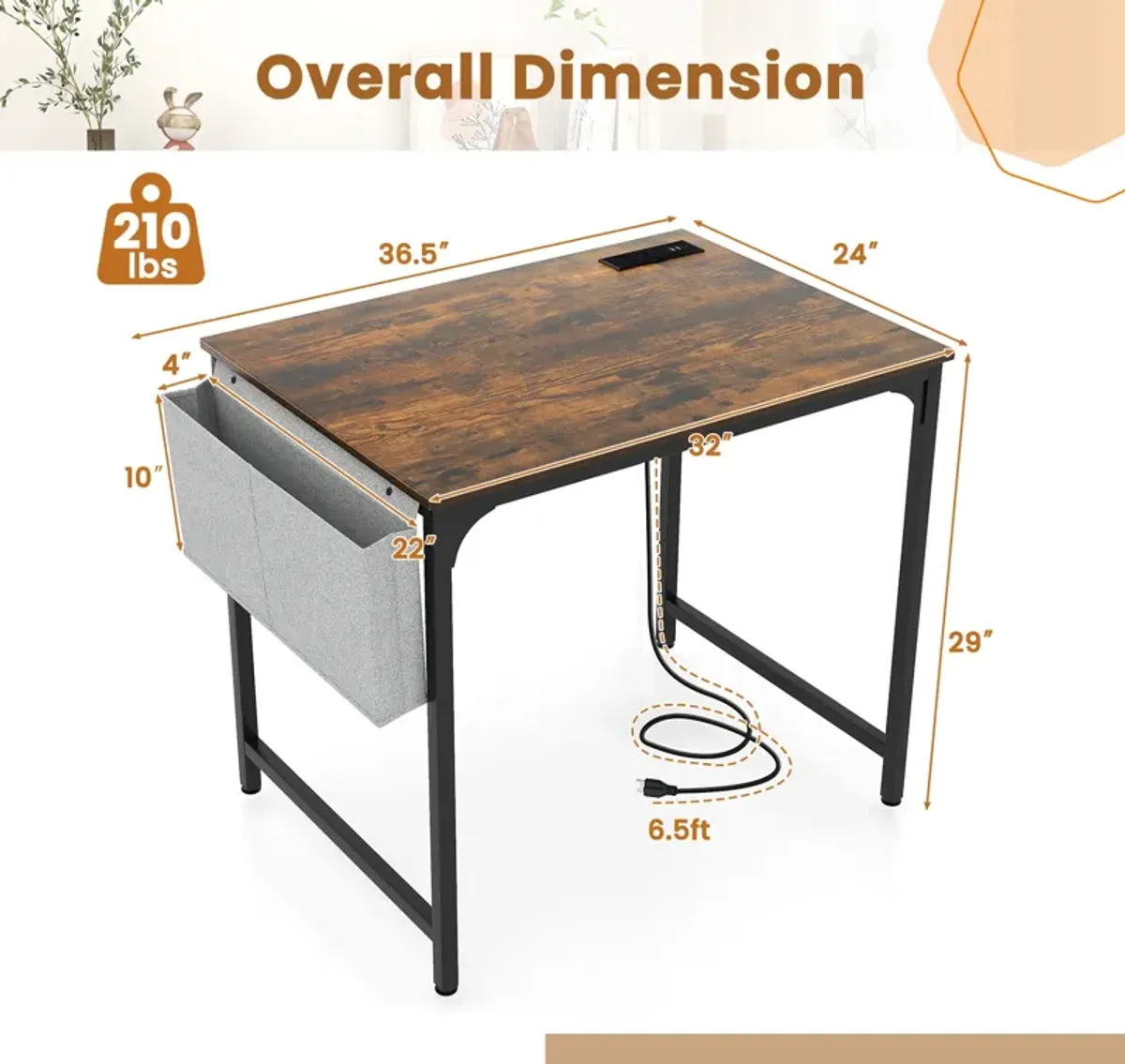 32-Inch Home Office Desk with Charging Station, Storage Bag, and Headphone Hook for Workspace Organization