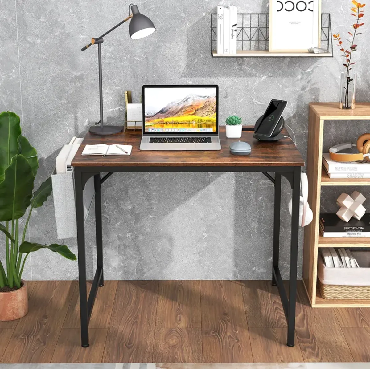 32-Inch Home Office Desk with Charging Station, Storage Bag, and Headphone Hook for Workspace Organization