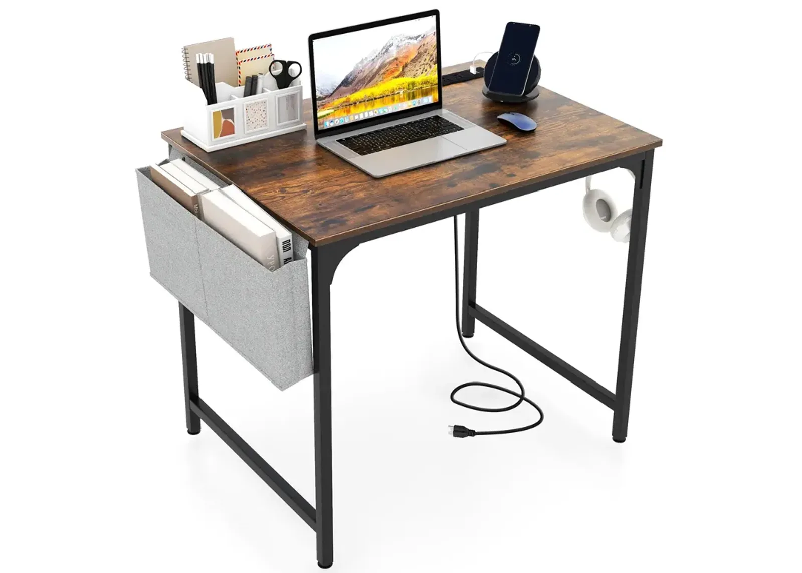 32-Inch Home Office Desk with Charging Station, Storage Bag, and Headphone Hook for Workspace Organization