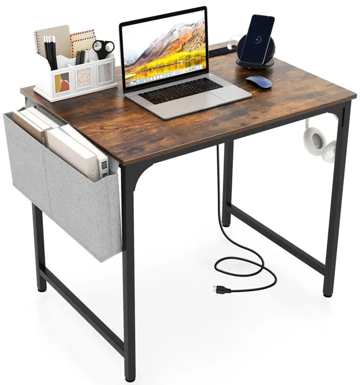 32-Inch Home Office Desk with Charging Station, Storage Bag, and Headphone Hook for Workspace Organization