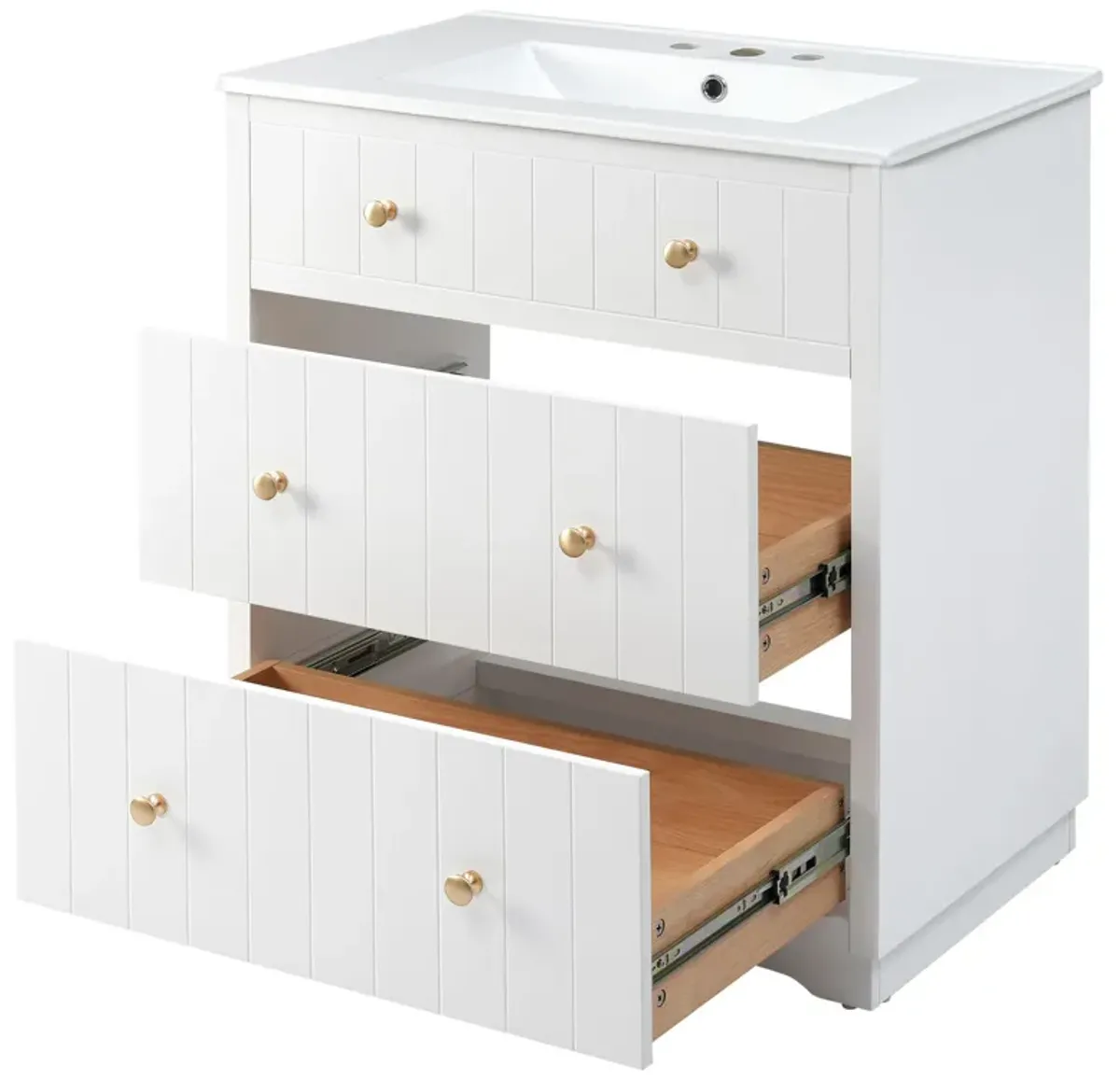 30inch Bathroom Vanity with Sink,Solid Wood Bathroom Vanity with 2 Drawers,Easy Assmebly,Modern Design Bathroom Vanities for Small Space(White)