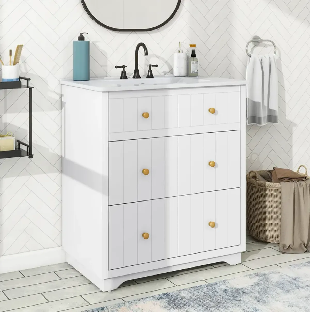 30inch Bathroom Vanity with Sink,Solid Wood Bathroom Vanity with 2 Drawers,Easy Assmebly,Modern Design Bathroom Vanities for Small Space(White)