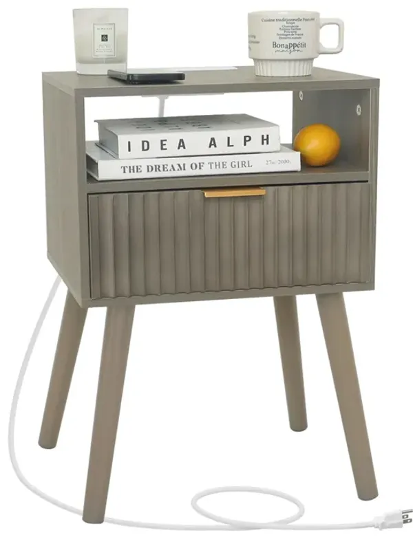 Fultyle Night Stand with Charging Station, Modern Bedside Table with Drawer and Solid Wood Legs, Fluted Side End Table for Bedro