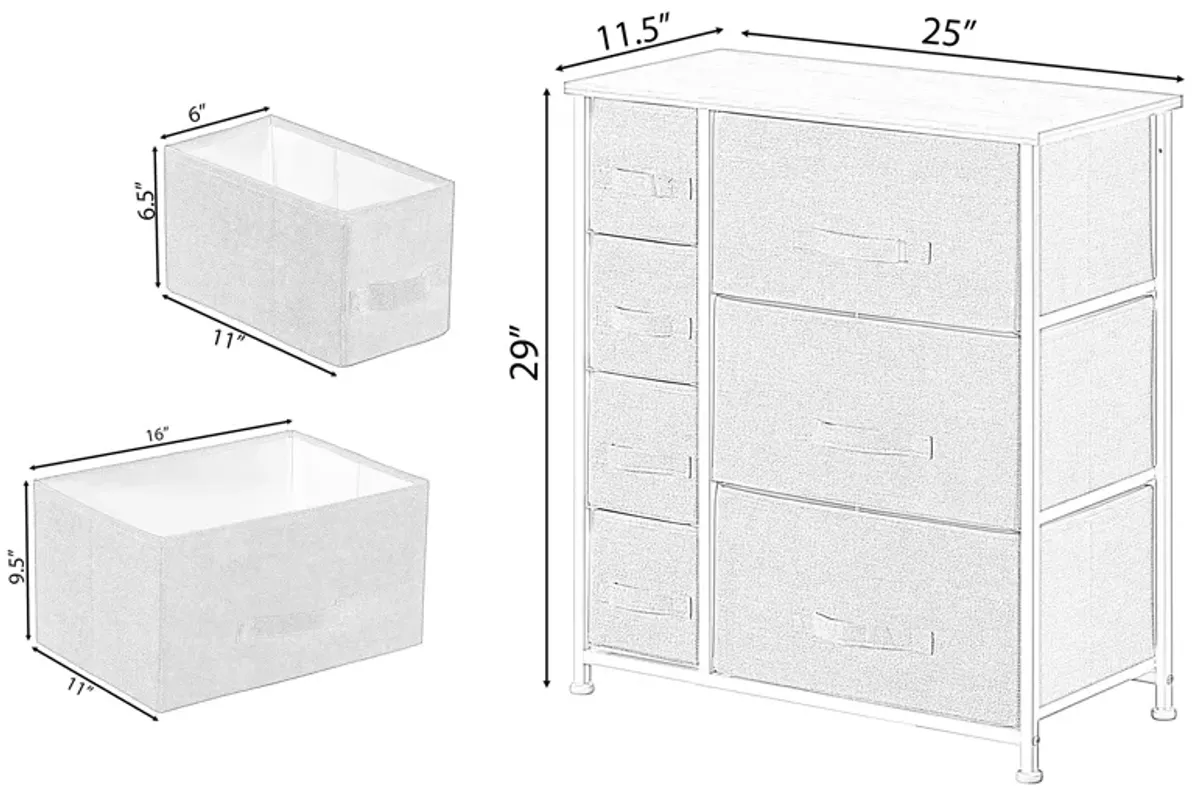 Sand Bins and White Frame Seven Storage Night Chest and Storage Chest, 2 Sizes Bins, Beige, 7 Drawers