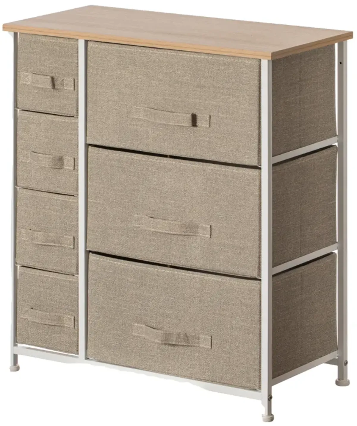 Sand Bins and White Frame Seven Storage Night Chest and Storage Chest, 2 Sizes Bins, Beige, 7 Drawers