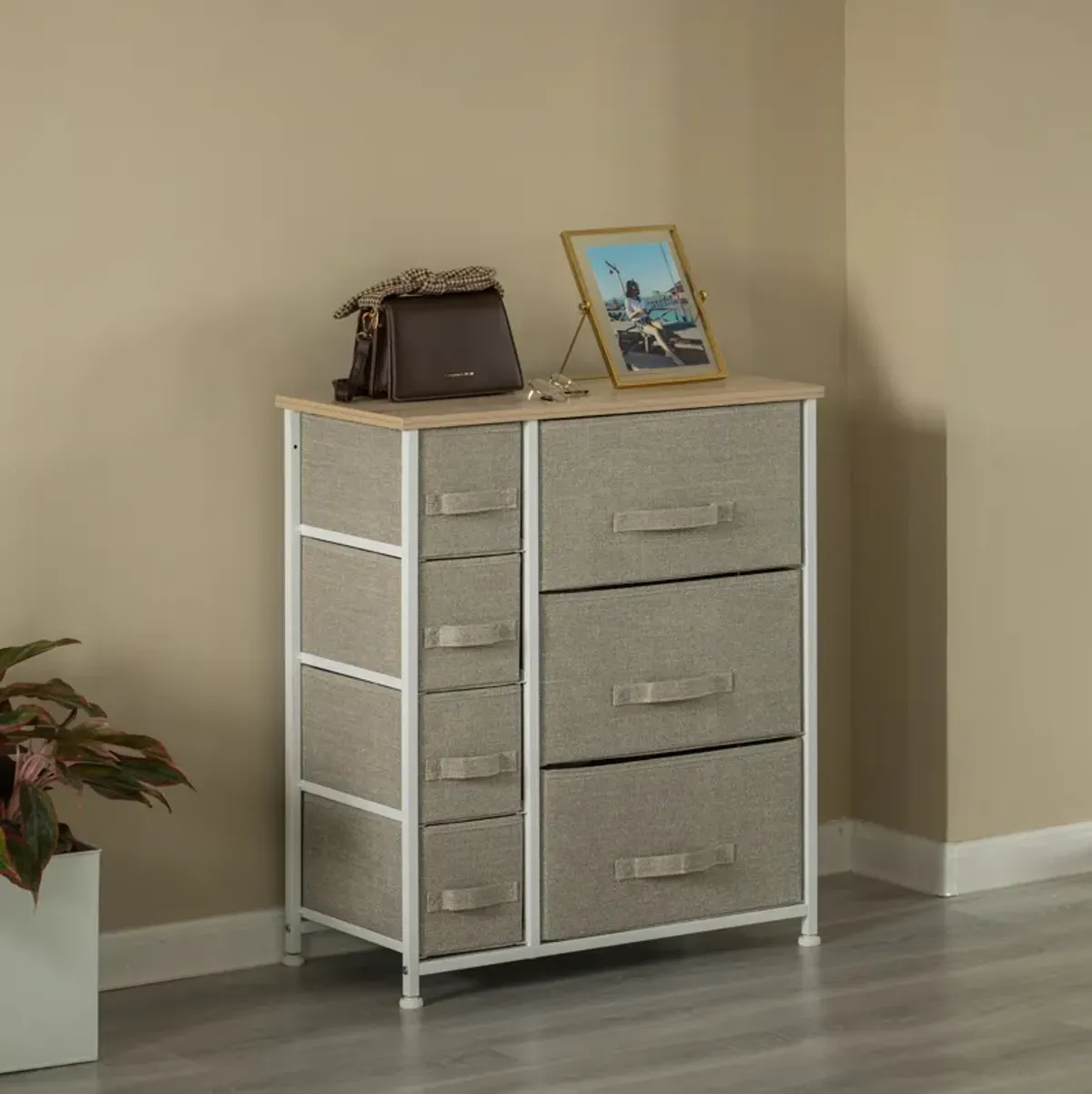 Sand Bins and White Frame Seven Storage Night Chest and Storage Chest, 2 Sizes Bins, Beige, 7 Drawers