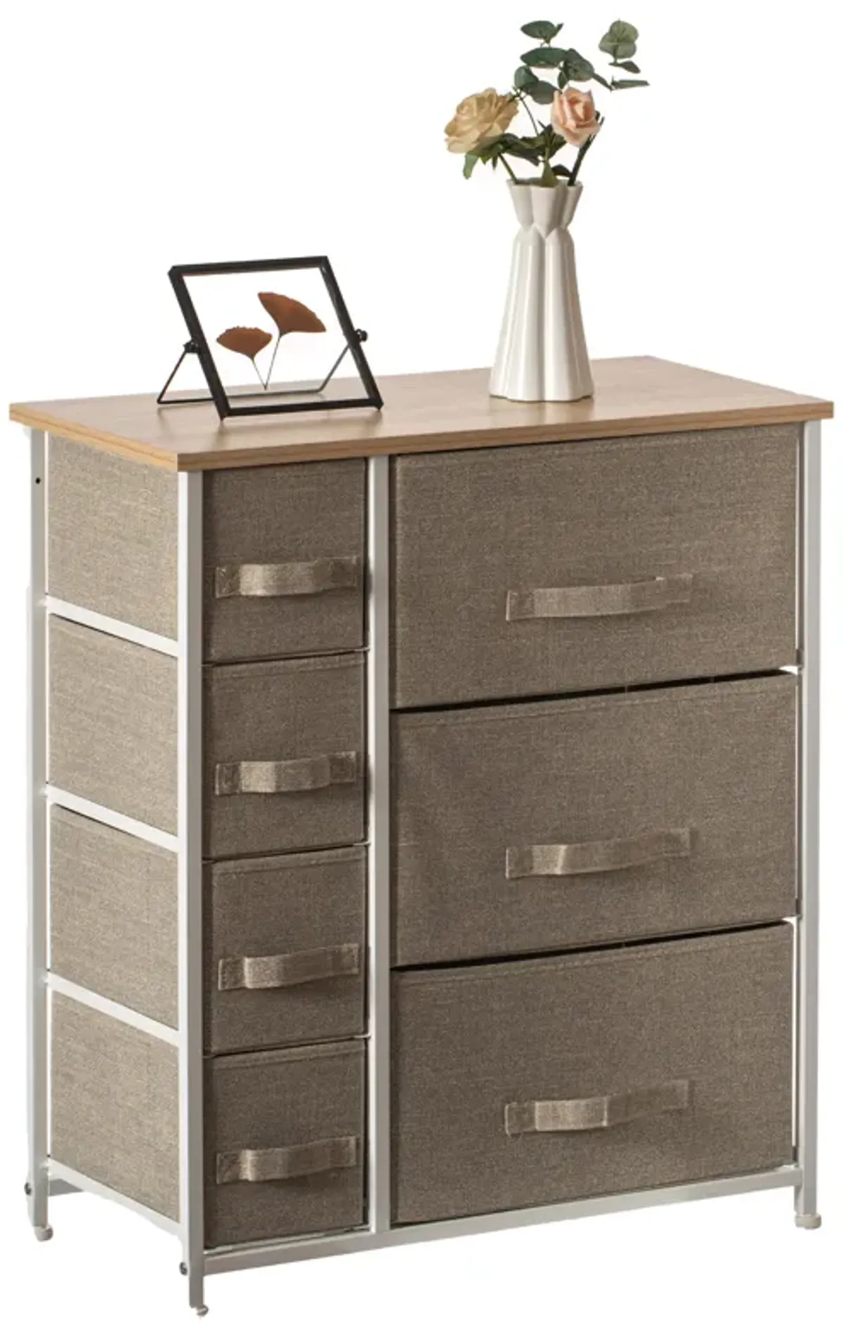 Sand Bins and White Frame Seven Storage Night Chest and Storage Chest, 2 Sizes Bins, Beige, 7 Drawers