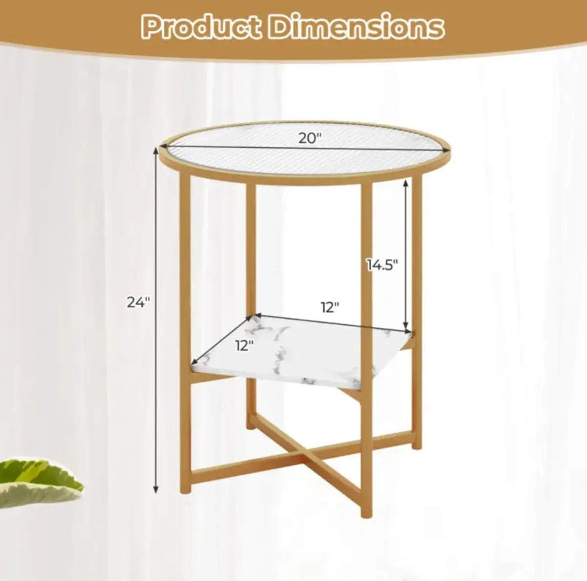 Hivvago 2-Tier Glass End Table Set of 2 with Faux Marble Storage Shelf