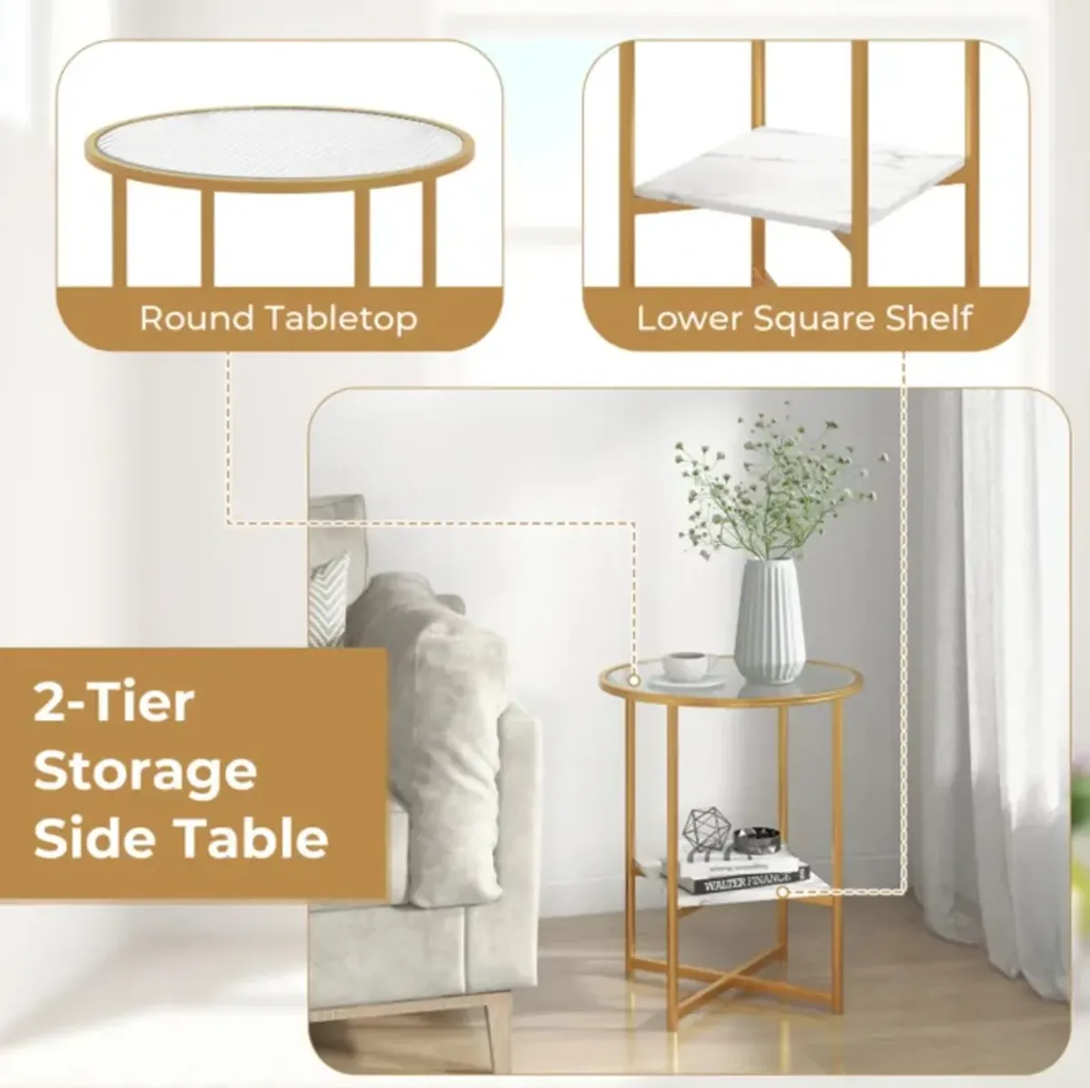 Hivvago 2-Tier Glass End Table Set of 2 with Faux Marble Storage Shelf