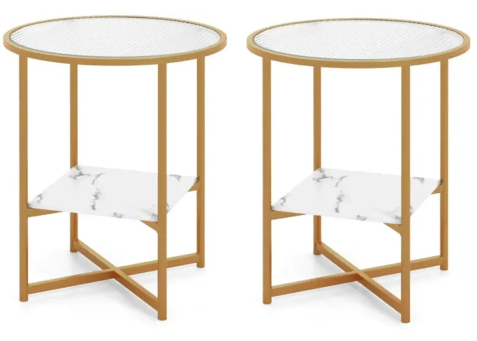 Hivvago 2-Tier Glass End Table Set of 2 with Faux Marble Storage Shelf