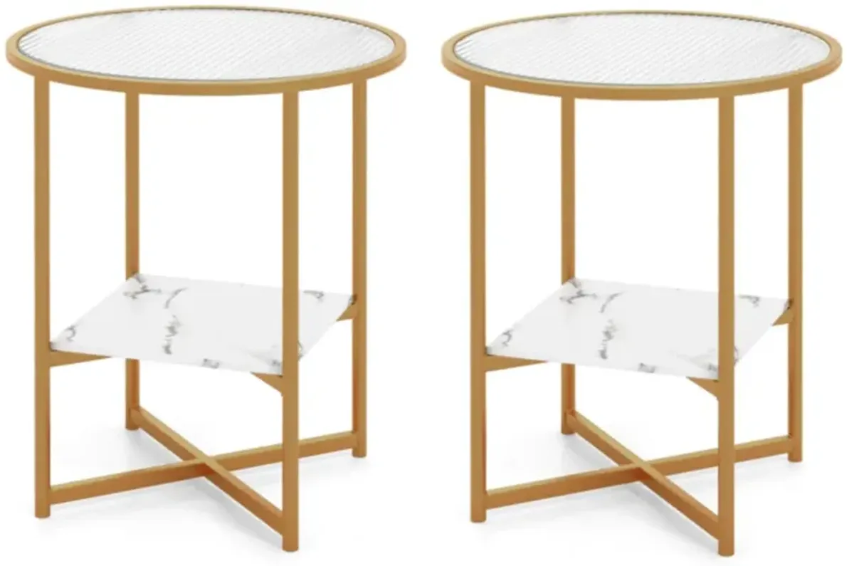 Hivvago 2-Tier Glass End Table Set of 2 with Faux Marble Storage Shelf