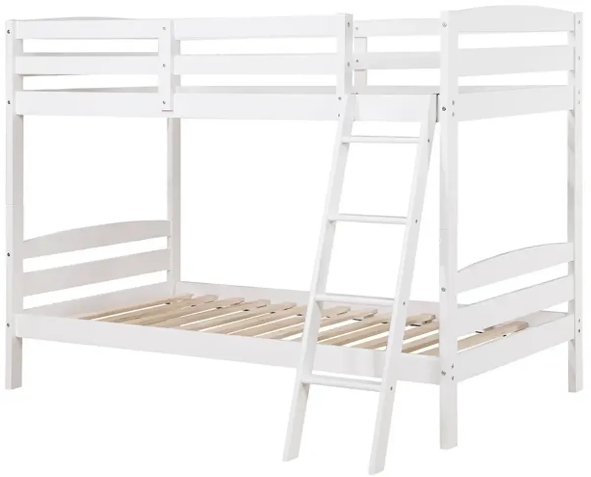 Hina Twin Bunk Bed, Angled Ladder, Sturdy Slat Design, White Solid Wood