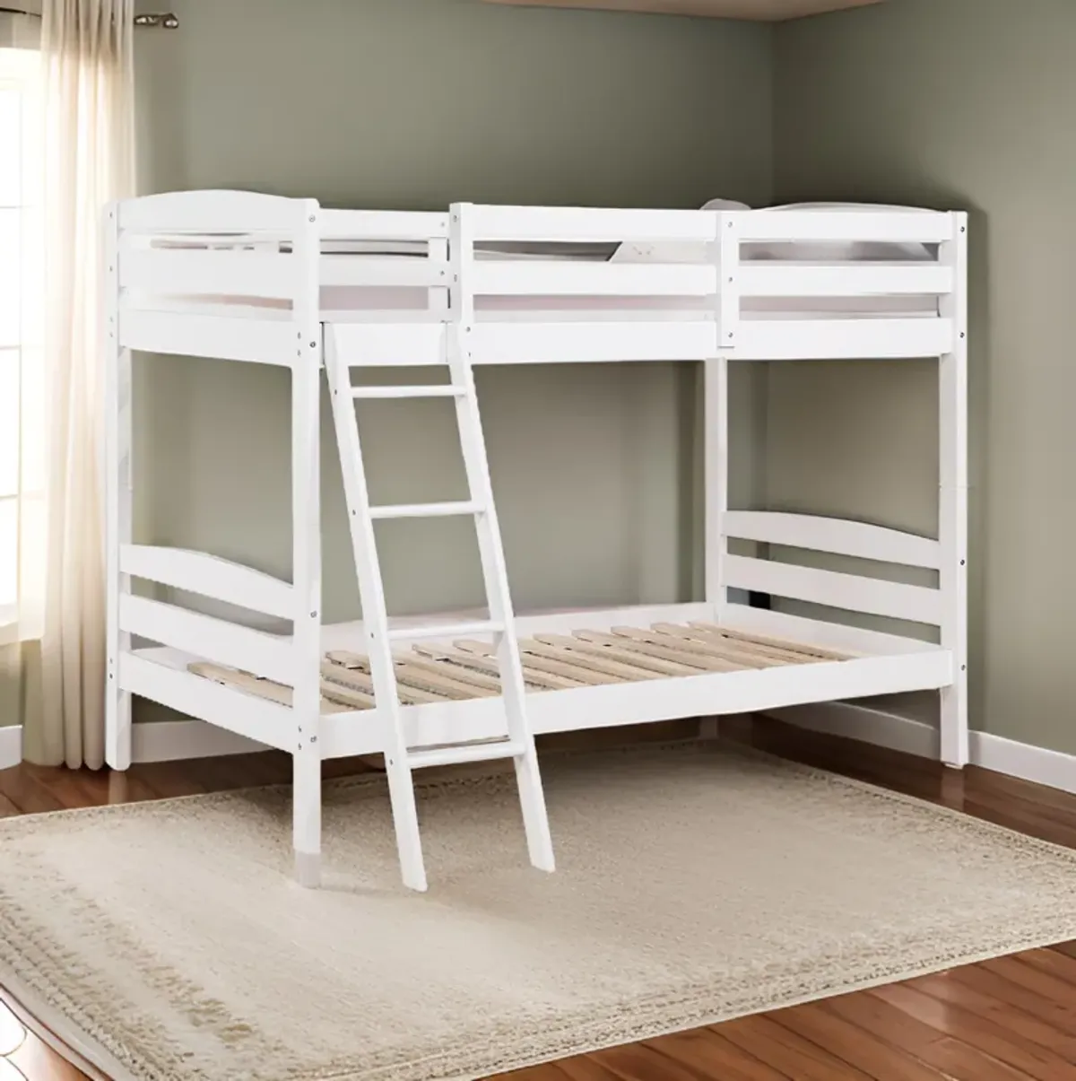 Hina Twin Bunk Bed, Angled Ladder, Sturdy Slat Design, White Solid Wood