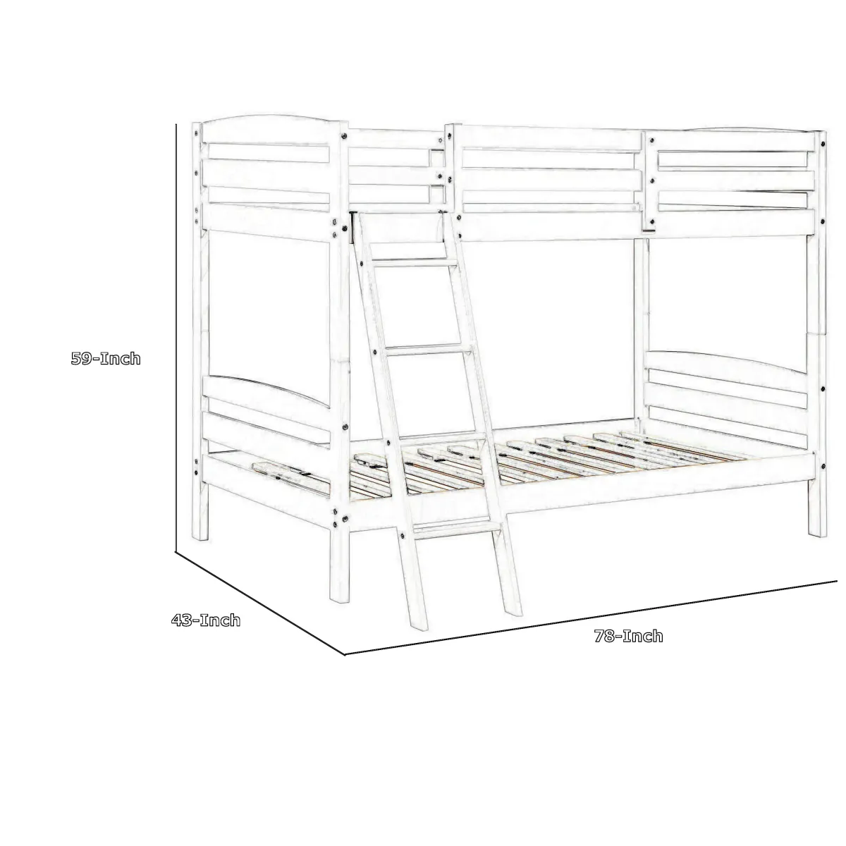 Hina Twin Bunk Bed, Angled Ladder, Sturdy Slat Design, White Solid Wood