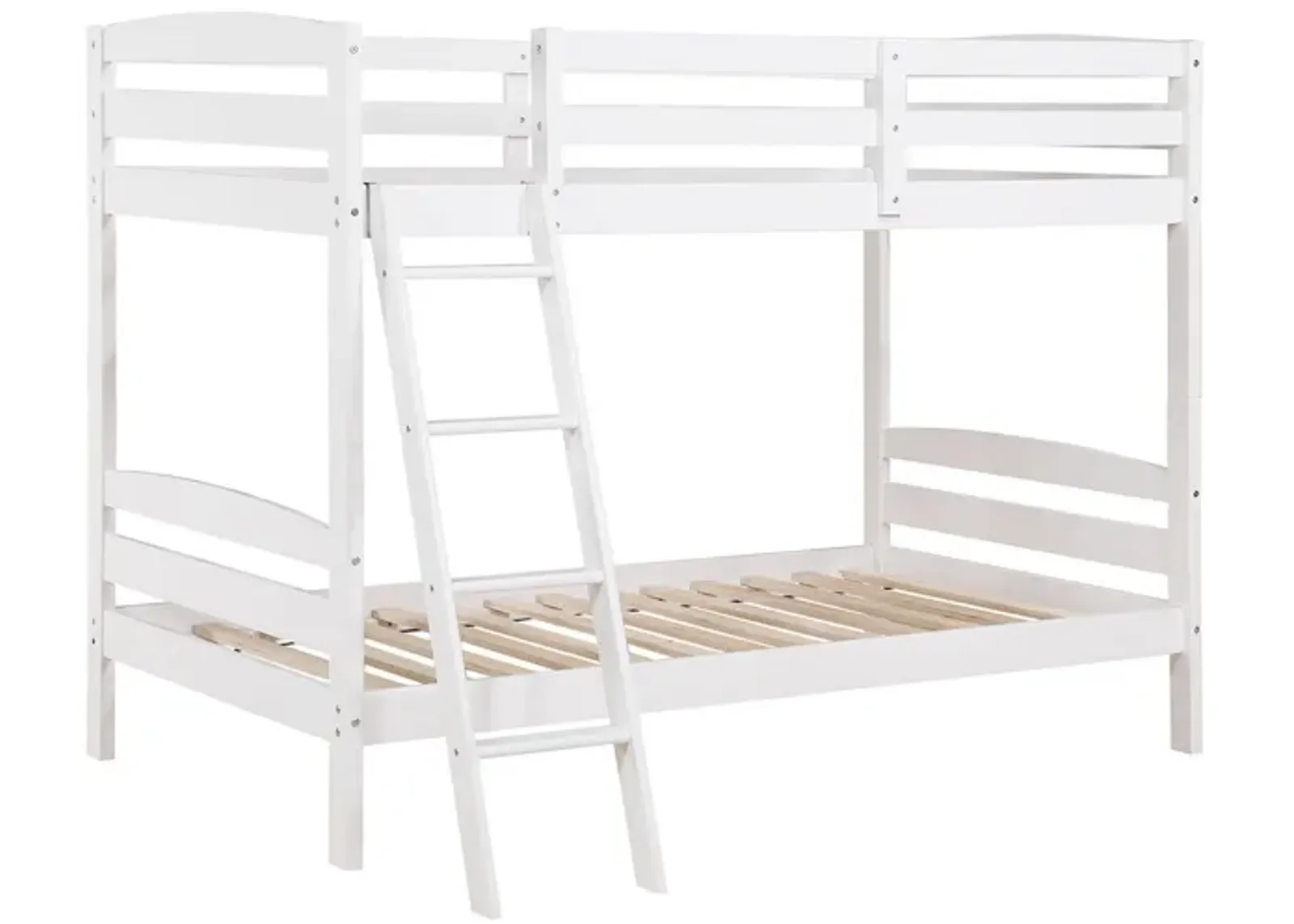 Hina Twin Bunk Bed, Angled Ladder, Sturdy Slat Design, White Solid Wood