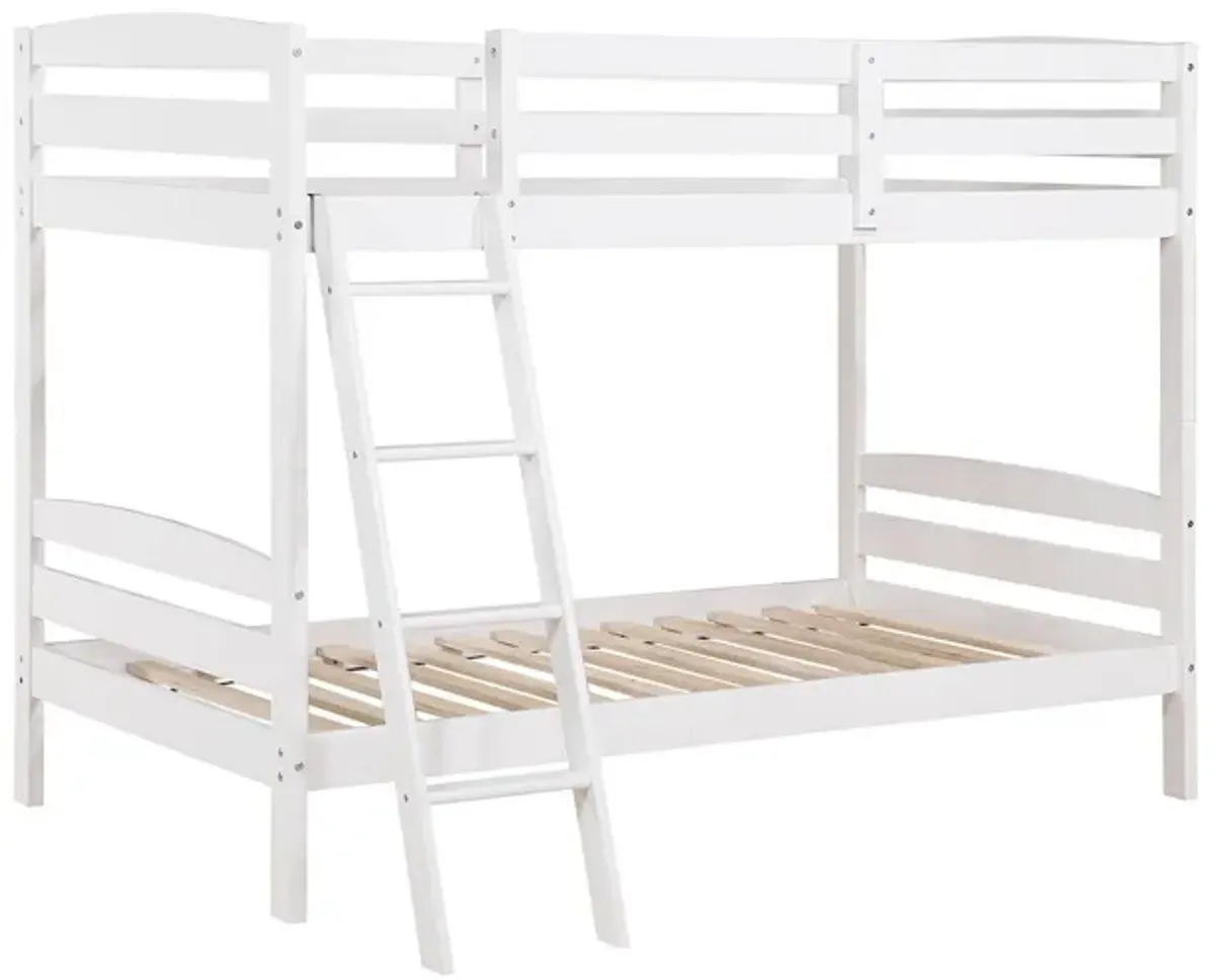 Hina Twin Bunk Bed, Angled Ladder, Sturdy Slat Design, White Solid Wood