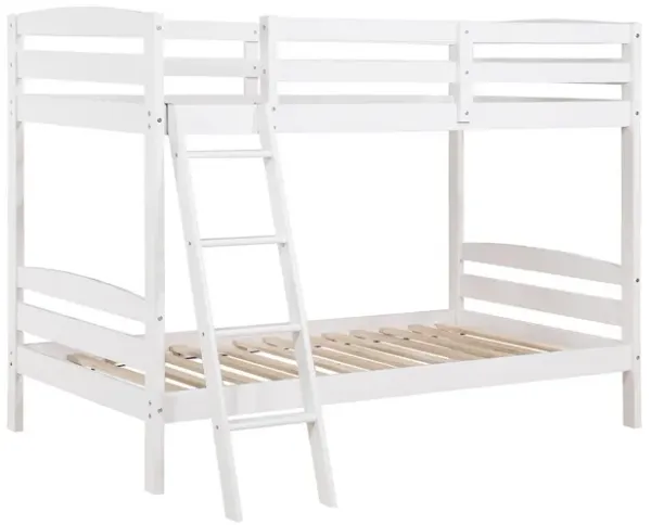 Hina Twin Bunk Bed, Angled Ladder, Sturdy Slat Design, White Solid Wood