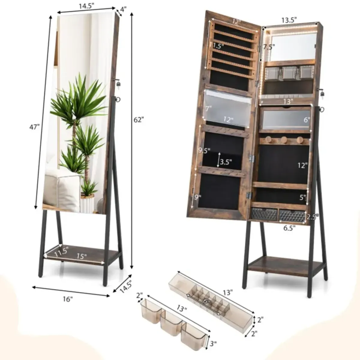 Hivvago Freestanding Jewelry Cabinet with Full-Length Mirror