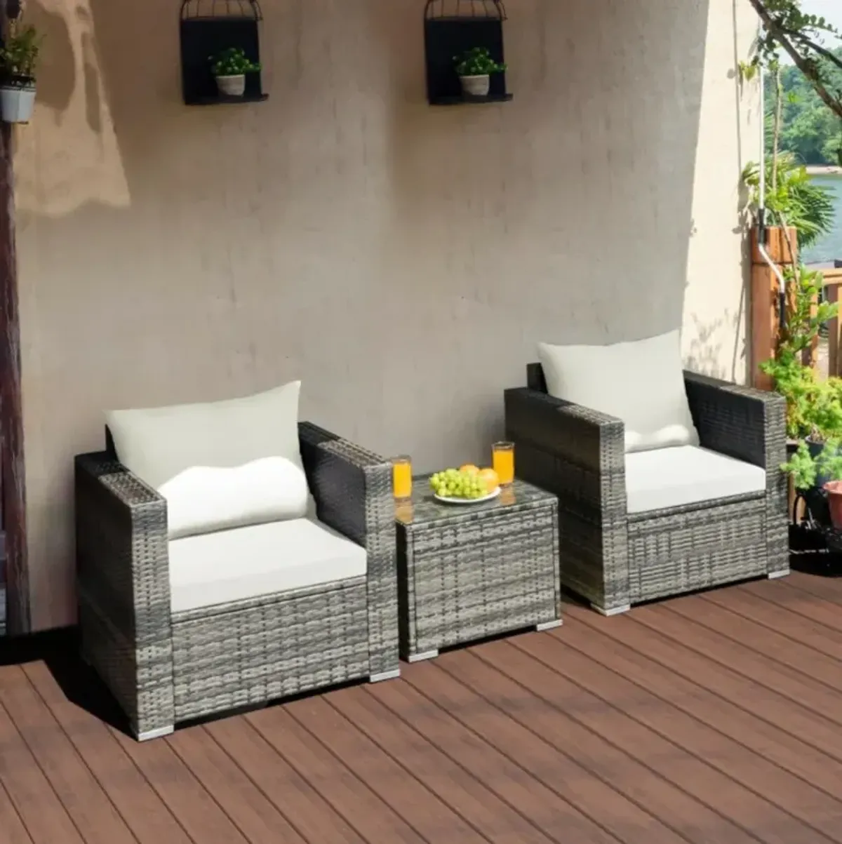 Hivvago 3 Pieces Patio Rattan Furniture Bistro Sofa Set with Cushioned