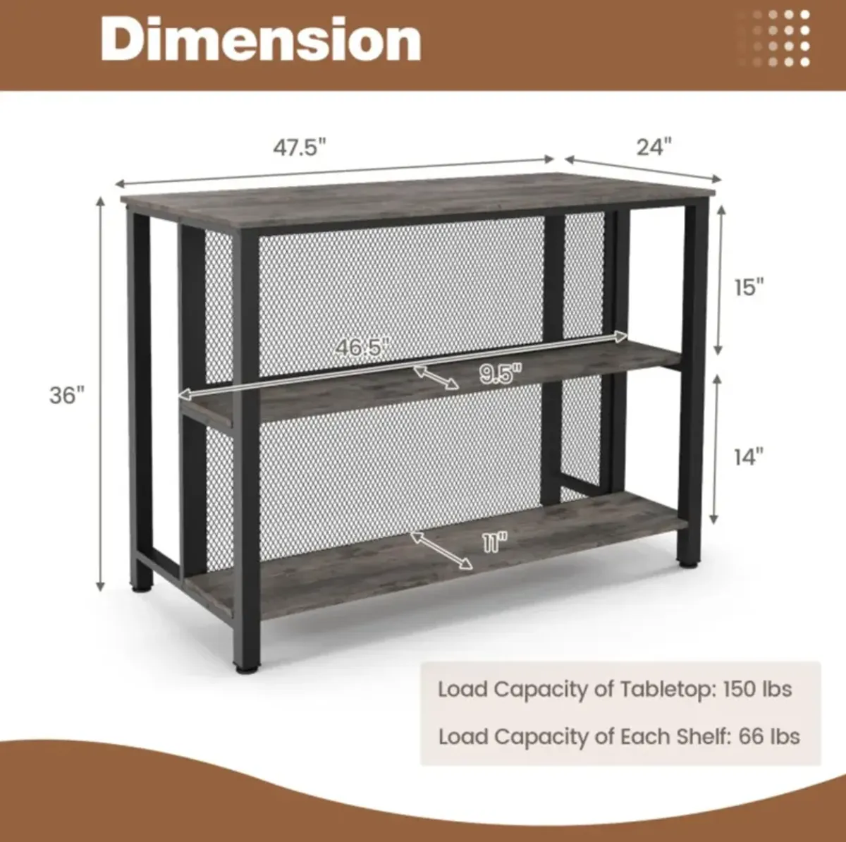 Hivvago 36" 3-Tier Bar Table with Storage Metal Frame Adjustable Foot Pads for Dining Room