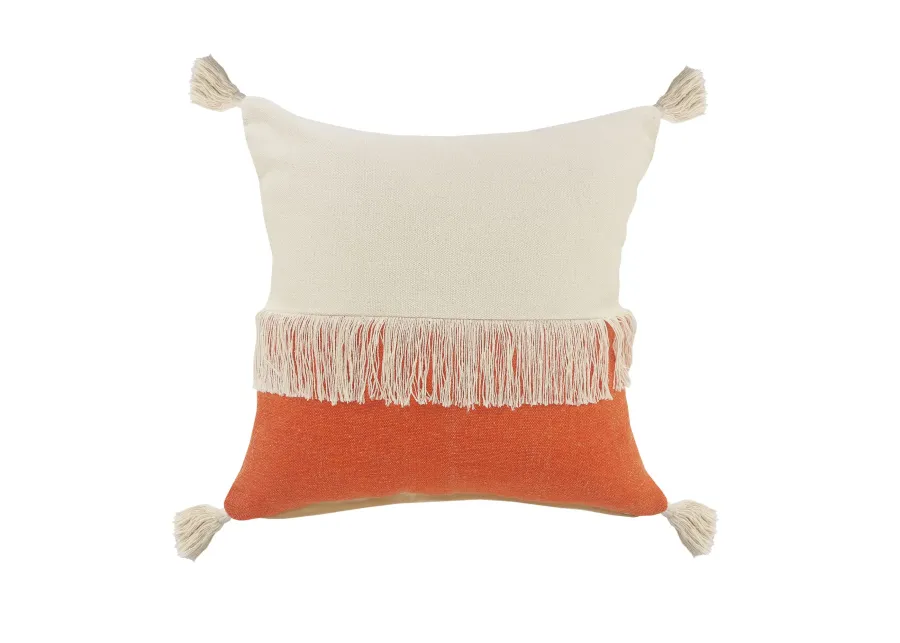 20" Orange and White Fringe Color Block Square Throw Pillow