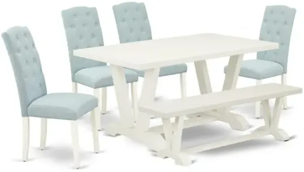 East West Furniture 6-Pc Dining Room Set- 4 Padded Parson Chairs with Baby Blue Linen Fabric Seat and Button Tufted Chair Back - Rectangular Top & Wooden Legs Dining Room Table and Kitchen Bench - Lin