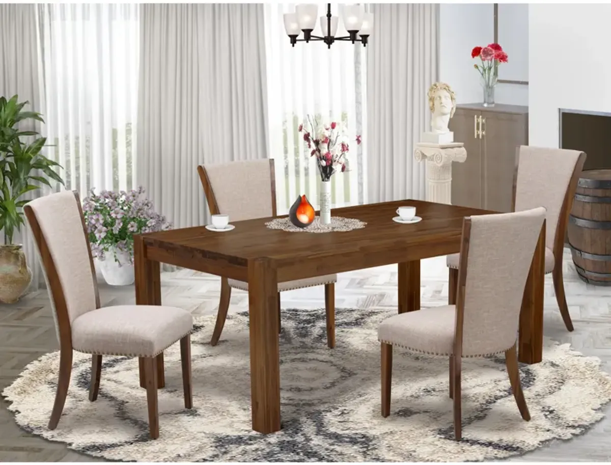 East West Furniture East West Furniture - LMVE5-N8-04 - 5-Pc dining room table Set- 4 Upholstered Dining Chairs and Wood Dining Table - Light Tan Linen Fabric Seat and High Chair Back - Antique Walnut Finish