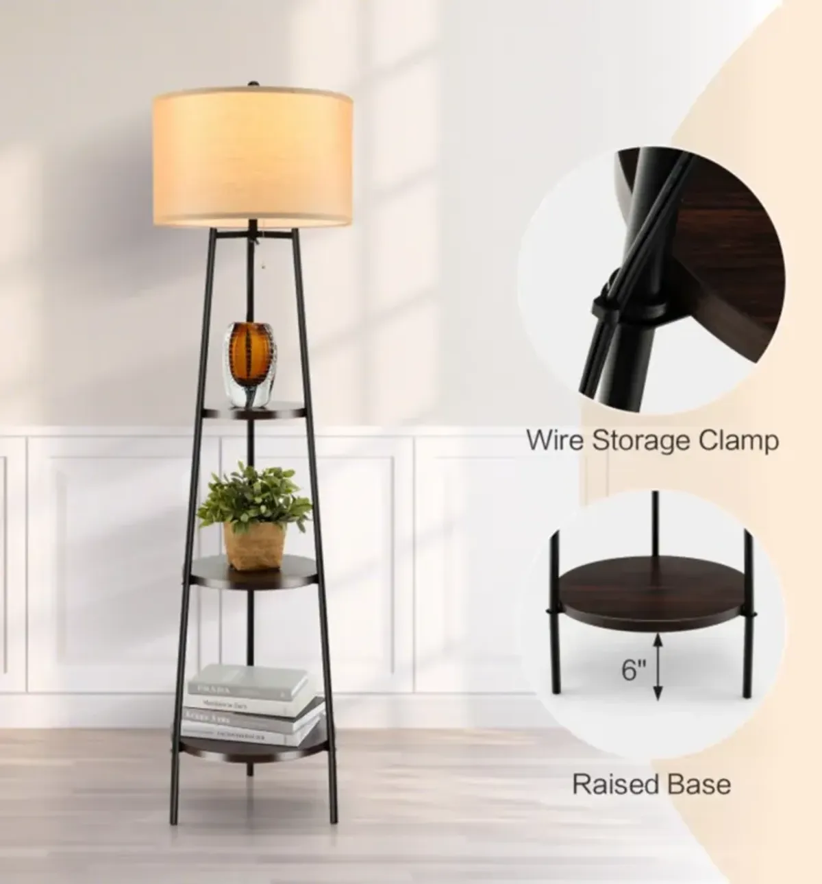 Hivvago Shelf Floor Lamp with Storage Shelves and Linen Lampshade