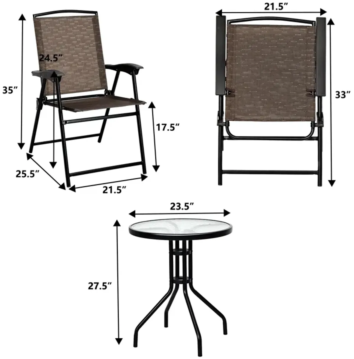 3 Pieces Bistro Patio Garden Furniture Set of Round Table and Folding Chairs