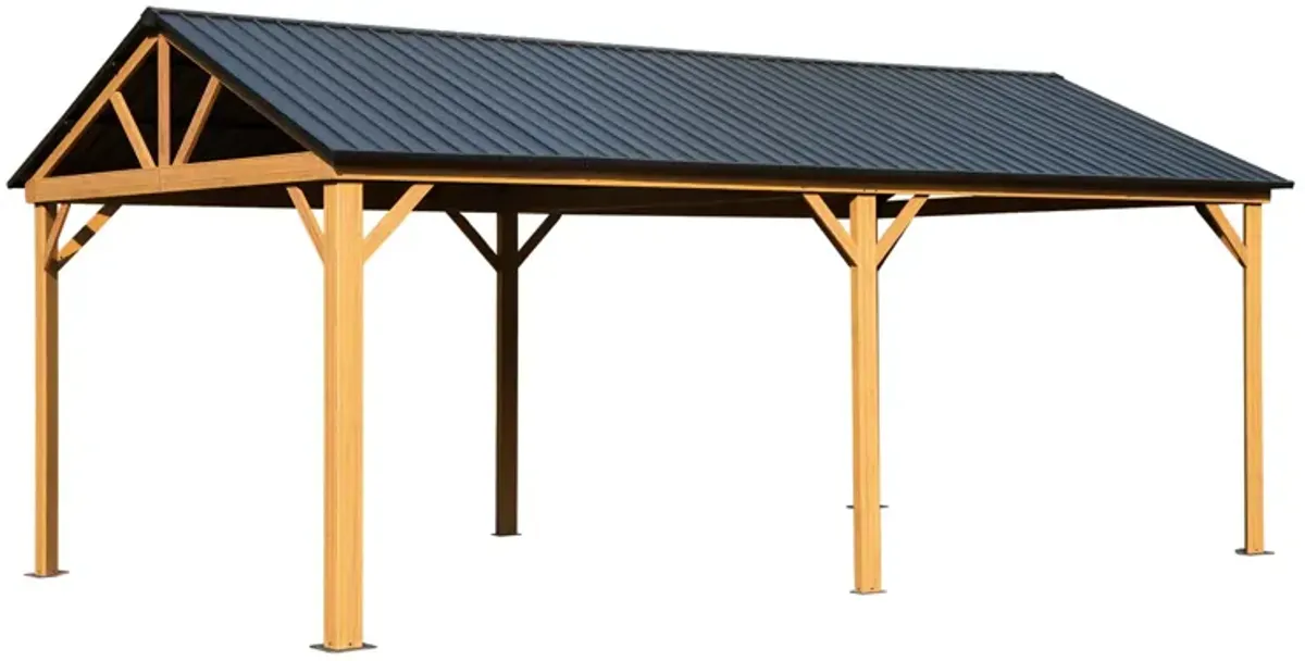 MONDAWE 12x20ft Hardtop Gazebo, Galvanized Steel Gable Roof Gazebo Pergola with Wood Grain Aluminum Frame, Outdoor Permanent Gazebo Pavilion for Patio, Garden (Yellow Brown)