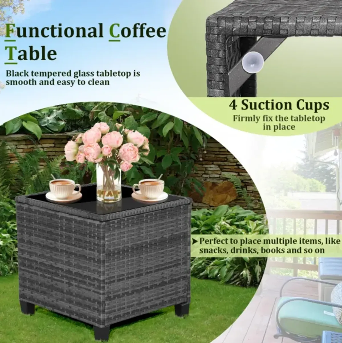 Hivvago 3 Pieces Outdoor Wicker Conversation Set with Tempered Glass Tabletop